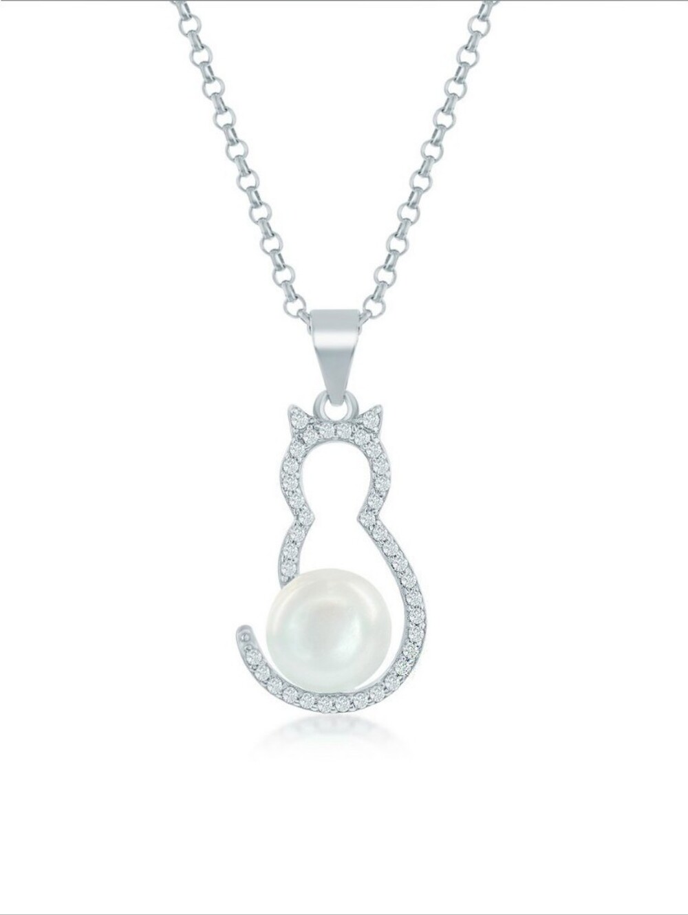 Silver Cat Pendant Necklace with Pearl Accent